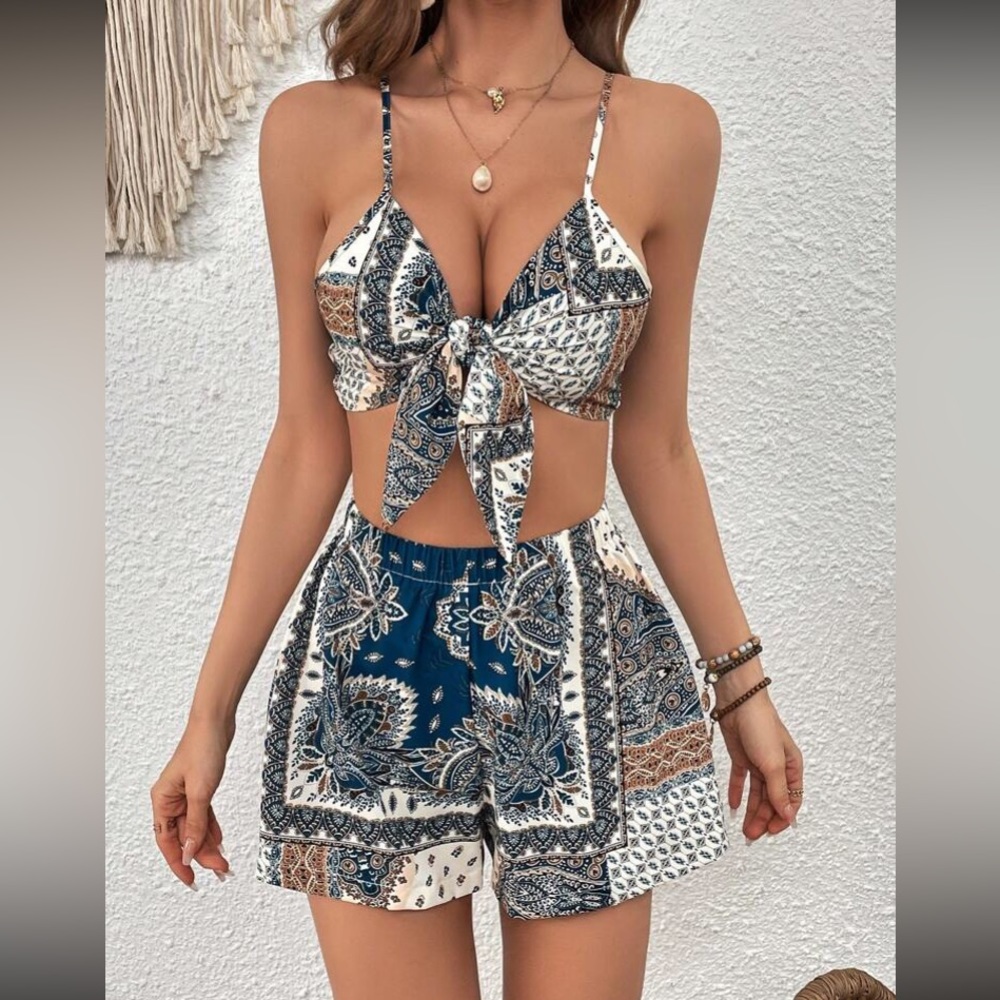 Boho floral paisley print knot front top and shorts set - Picture 6 of 6